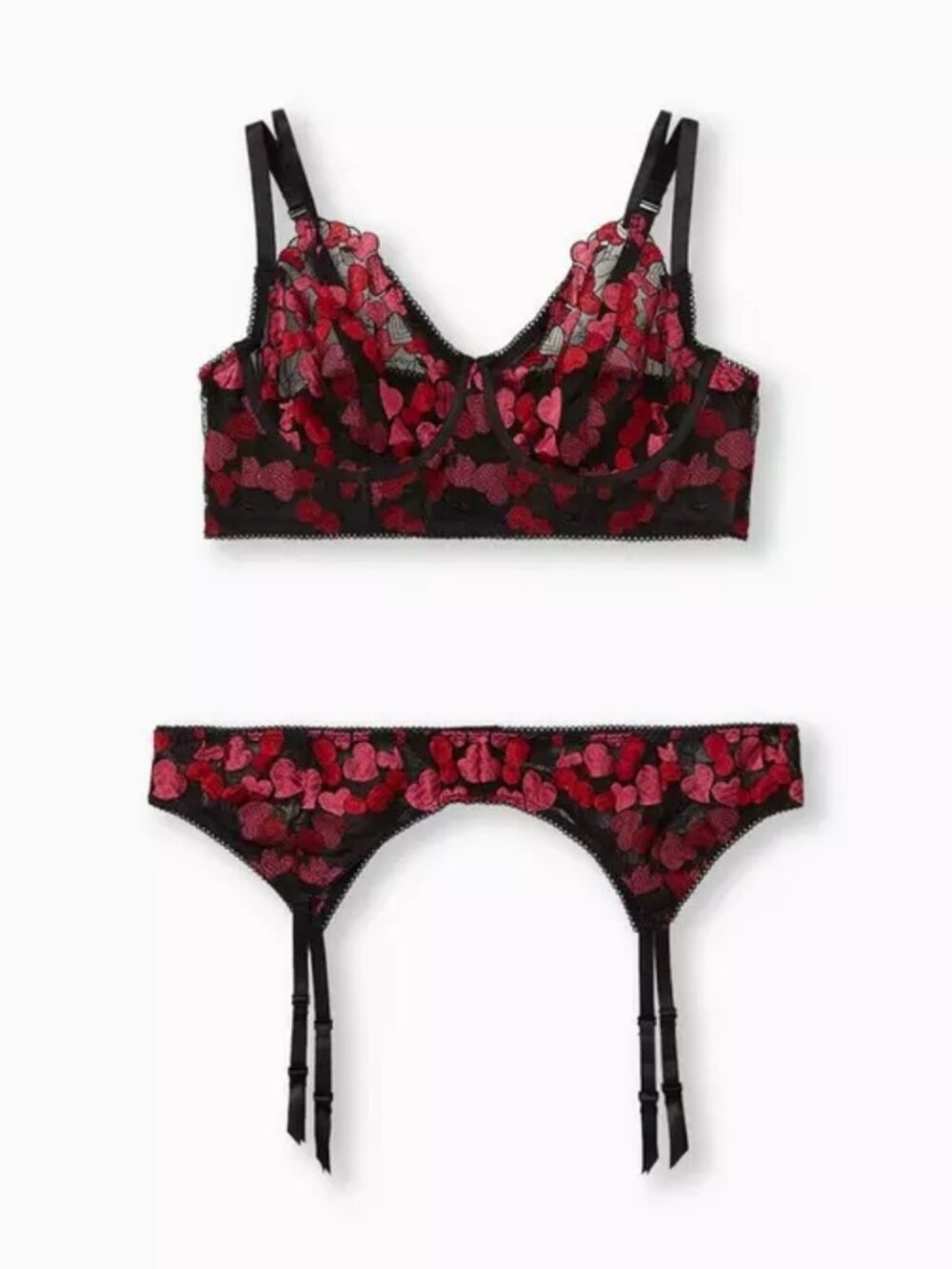 Torrid Black & Pink Heart Embroidered Underwire Bralette & Garter Set size 6